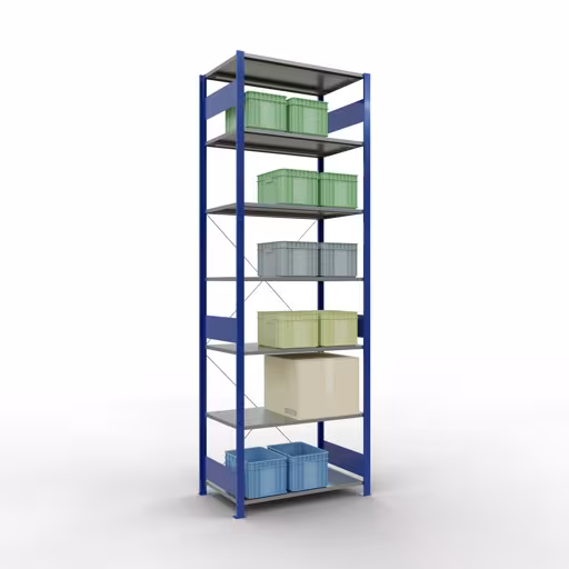 Andere Ansicht des Artikels Grundregal, Fachbodenregal Stecksystem MULTIplus150, 3000 x 1000 x 600 mm (HxBxT), 7 Fachböden, Kreuzstrebe, RAL 5010/verzinkt aus der Kategorie Stecksystem