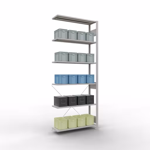 Abbildung Nr 9 des Artikels Anbauregal, Fachbodenregal Stecksystem MULTIplus85, 2500 x 1000 x 300 mm (HxBxT), 6 Fachböden, Kreuzstrebe, RAL 7035 lichtgrau aus der Produktgruppe Stecksystem von der Marke Schulte Lagertechnik