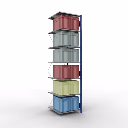 Anbauregal, Fachbodenregal Stecksystem MULTIplus150, 3000 x 750 x 800 mm (HxBxT), 7 Fachböden, Kreuzstrebe, RAL 5010 enzianblau/verzinkt/verzinkt von Schulte Lagertechnik mit der Artikelnr. 12787-75-B