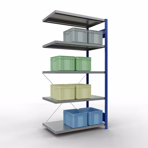 Anbauregal, Fachbodenregal Stecksystem MULTIplus250, 2000 x 1000 x 600 mm (HxBxT), 5 Fachböden, Kreuzstrebe, RAL 5010 enzianblau/verzinkt von Schulte Lagertechnik mit der Artikelnr. 12965-B