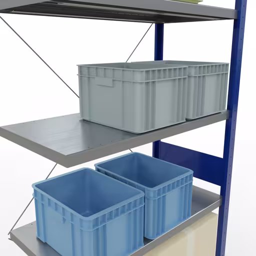 Andere Ansicht des Artikels Anbauregal, Fachbodenregal Stecksystem MULTIplus250, 3000 x 1000 x 500 mm (HxBxT), 7 Fachböden, Kreuzstrebe, RAL 5010 enzianblau/verzinkt aus der Kategorie Stecksystem