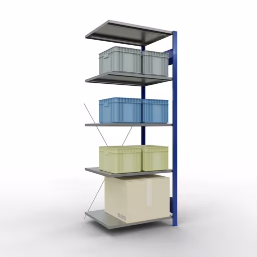 Anbauregal, Fachbodenregal Stecksystem MULTIplus150, 2000 x 750 x 600 mm (HxBxT), 5 Fachböden, Kreuzstrebe, RAL 5010 enzianblau/verzinkt/verzinkt von Schulte Lagertechnik aus der Kategorie Stecksystem
