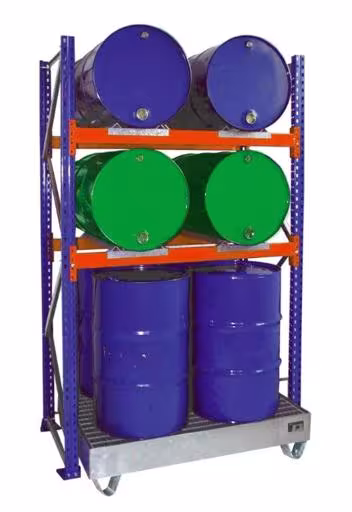 Grundregal, Fassregal, 2500 x 1350 x 800 mm, blau/verzinkt/RAL 2004, 2 Ebenen für je 2 Fässer 200 l liegend; 1 Bodenwanne 1330 x 1100 mm von Schulte Lagertechnik mit der Artikelnr. 46968