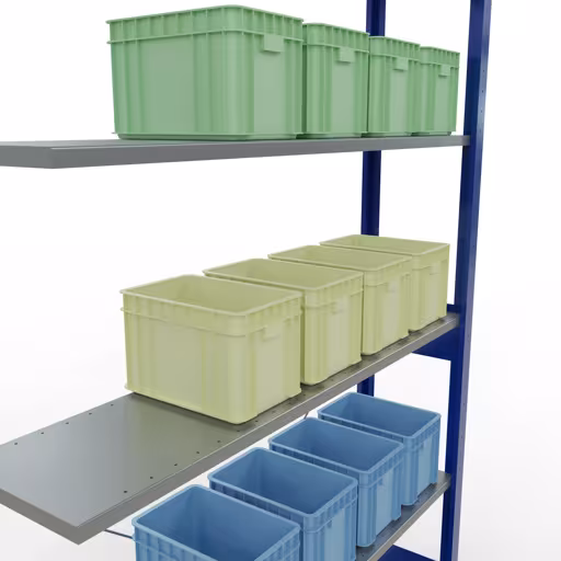 Andere Ansicht des Artikels Anbauregal, Fachbodenregal Stecksystem MULTIplus150, 2500 x 1300 x 300 mm (HxBxT), 6 Fachböden, Kreuzstrebe, RAL 5010 enzianblau/verzinkt aus der Kategorie Stecksystem
