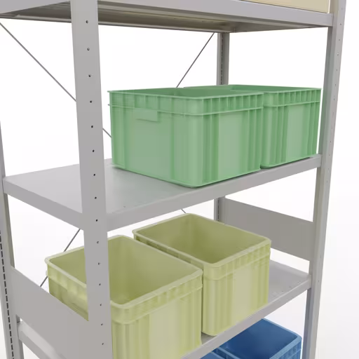 Zusatzbild des Artikels Grundregal, Fachbodenregal Stecksystem MULTIplus250, 3000 x 1000 x 500 mm (HxBxT), 7 Fachböden, Kreuzstrebe, RAL 7035 lichtgrau aus Grundregal