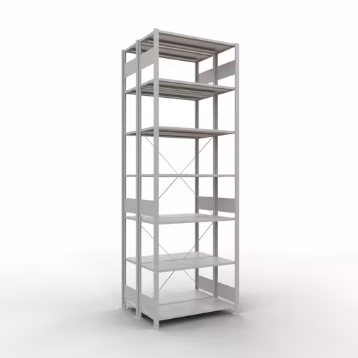 Grundregal, Doppelregal, Fachbodenregal Stecksystem MULTIplus150, 3000 x 1000 x (2x800) mm (HxBxT), 2x7 Fachböden, Kreuzstrebe, RAL 7035 lichtgrau aus der Kategorie Doppelregale mit der Artikelnummer 32742