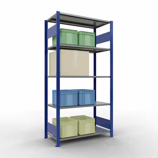 Produktbild Nr.12 des Artikels Grundregal, Fachbodenregal Stecksystem MULTIplus150, 2000 x 1000 x 500 mm (HxBxT), 5 Fachböden, Längenriegel, RAL 5010 enzianblau/verzinkt aus der Produktreihe Stecksystem von der Marke Schulte Lagertechnik