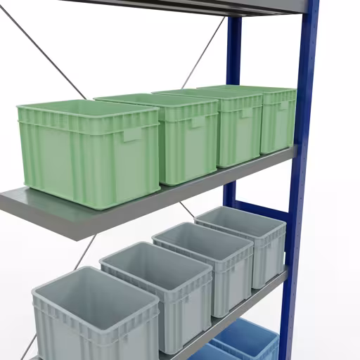 Produktbild Nr.11 des Artikels Anbauregal, Fachbodenregal Stecksystem MULTIplus250, 3000 x 1000 x 300 mm (HxBxT), 7 Fachböden, Kreuzstrebe, RAL 5010 enzianblau/verzinkt aus der Produktreihe Stecksystem von der Marke Schulte Lagertechnik