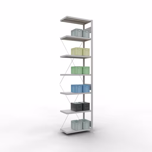 Abbildung Nr 15 des Artikels Anbauregal, Fachbodenregal Stecksystem MULTIplus250, 3000 x 750 x 400 mm (HxBxT), 7 Fachböden, Kreuzstrebe, RAL 7035 lichtgrau aus der Produktgruppe Stecksystem von der Marke Schulte Lagertechnik