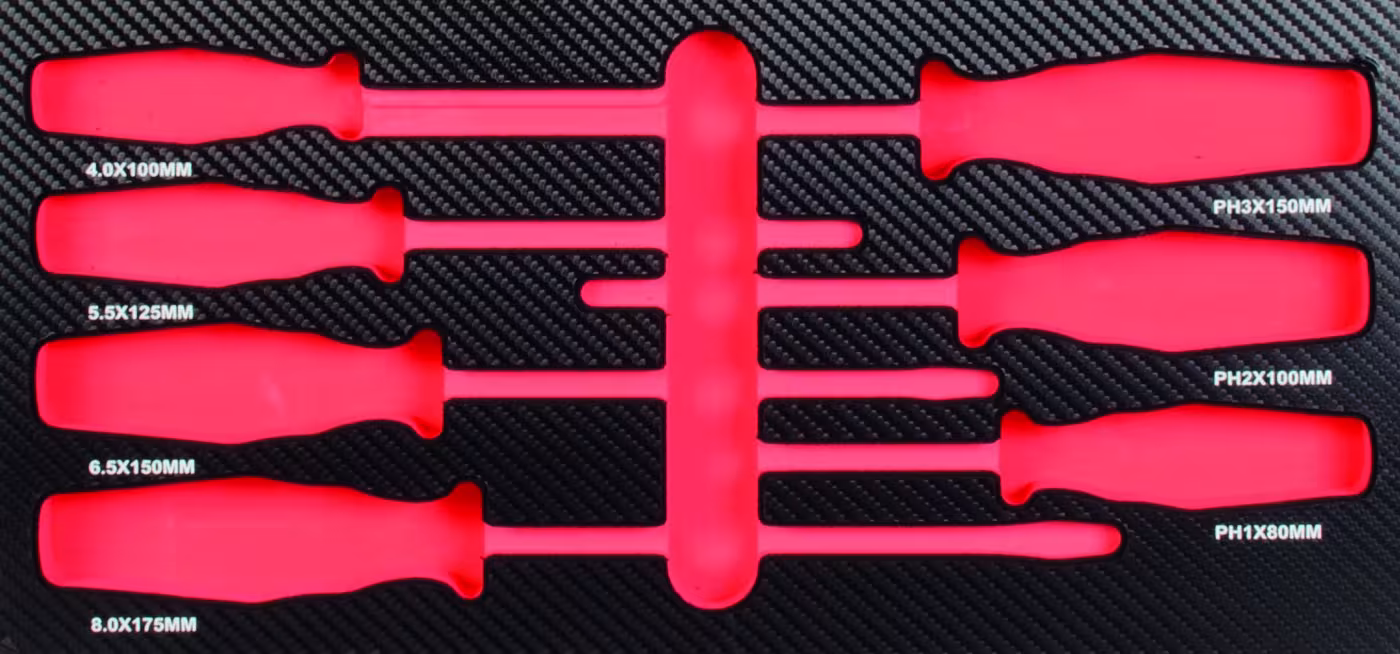 Einlage leer für 7 Schraubendreher aus der Kategorie Ordnungssysteme & Werkstattwagen mit der GTIN 4000146590645 Einlage Schraubendreher für 7 Kreuzschlitz-Schrauben PH und Schlitz-Schrauben leer oder befüllt von der Marke PROJAHN aus der Kategorie Ordnungssysteme & Werkstattwagen