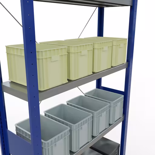 Produktbild Nr.14 des Artikels Grundregal, Fachbodenregal Stecksystem MULTIplus250, 3000 x 1000 x 300 mm (HxBxT), 7 Fachböden, Kreuzstrebe, RAL 5010 enzianblau/verzinkt aus der Produktreihe Stecksystem von der Marke Schulte Lagertechnik