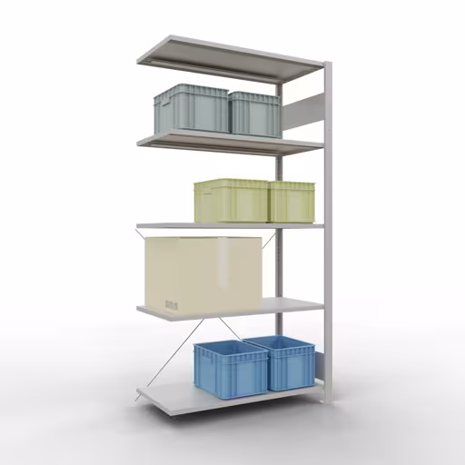 Abbildung Nr 15 des Artikels Anbauregal, Fachbodenregal Stecksystem MULTIplus85, 2000 x 1000 x 500 mm (HxBxT), 5 Fachböden, Kreuzstrebe, RAL 7035 lichtgrau aus der Produktgruppe Stecksystem von der Marke Schulte Lagertechnik