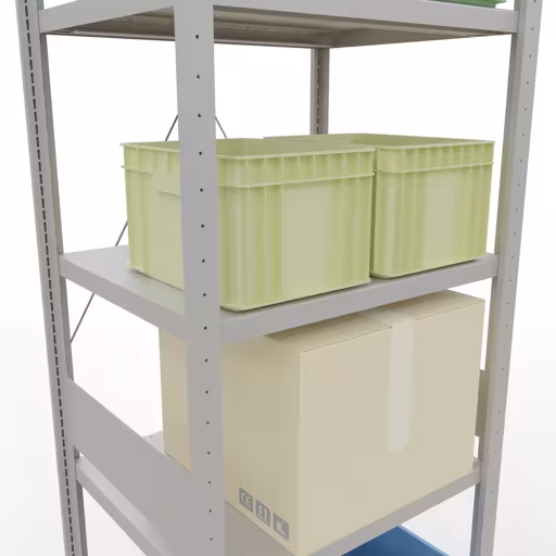 Zusatzbild des Artikels Grundregal, Fachbodenregal Stecksystem MULTIplus250, 3000 x 750 x 600 mm (HxBxT), 7 Fachböden, Kreuzstrebe, RAL 7035 lichtgrau aus Grundregal