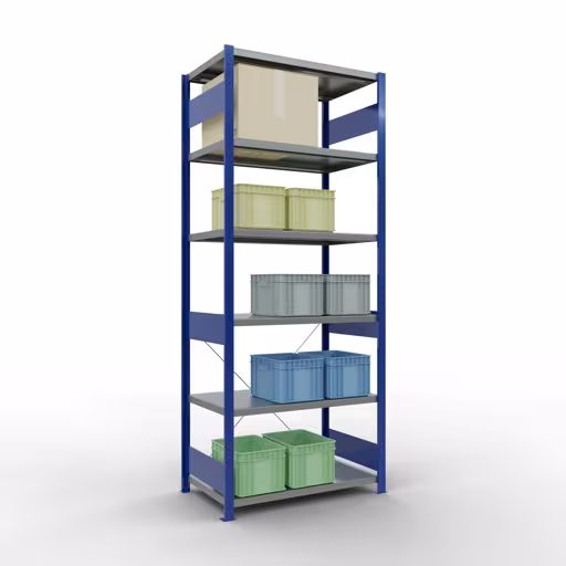 Grundregal, Fachbodenregal Stecksystem MULTIplus250, 2500 x 1000 x 600 mm (HxBxT), 6 Fachböden, Kreuzstrebe, RAL 5010 enzianblau/verzinkt von Schulte Lagertechnik aus der Kategorie Stecksystem