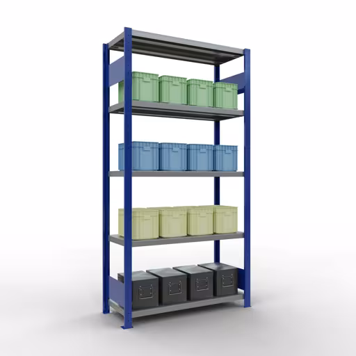 Grundregal, Fachbodenregal Stecksystem MULTIplus330, 2000 x 1000 x 400 mm (HxBxT), 5 Fachböden, Längenriegel, RAL 5010 enzianblau/verzinkt von der Marke Schulte Lagertechnik aus der Produktreihe Stecksystem