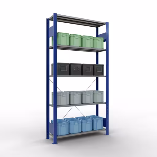 Grundregal, Fachbodenregal Stecksystem MULTIplus85, 2000 x 1000 x 300 mm (HxBxT), 5 Fachböden, Kreuzstrebe, RAL 5010 enzianblau von Schulte Lagertechnik mit der Artikelnr. 13130-B