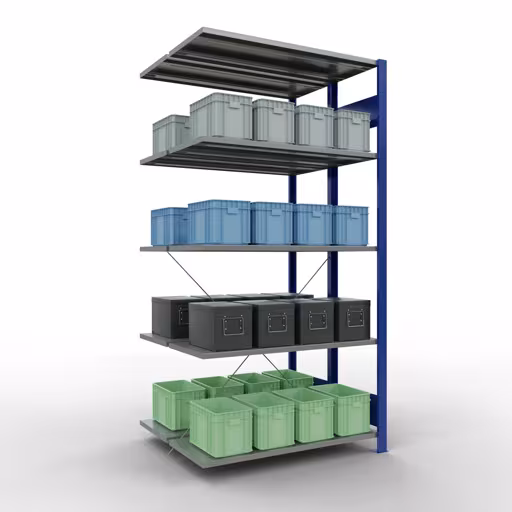 Produktbild Nr.6 des Artikels Anbauregal, Doppelregal, Fachbodenregal Stecksystem MULTIplus150, 2000 x 1000 x (2x400) mm (HxBxT), 2x5 Fachböden, Kreuzstrebe, RAL 5010 enzianblau aus der Produktreihe Fachbodenregale von der Marke Schulte Lagertechnik