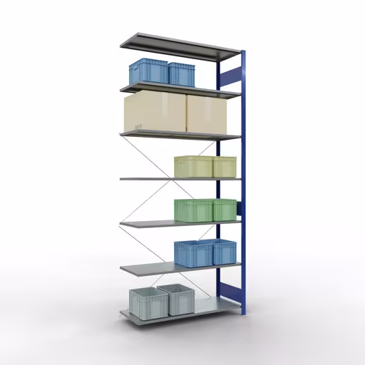 Anbauregal, Fachbodenregal Stecksystem MULTIplus150, 3000 x 1300 x 500 mm (HxBxT), 7 Fachböden, Kreuzstrebe, RAL 5010 enzianblau/verzinkt von der Marke Schulte Lagertechnik aus der Produktreihe Stecksystem