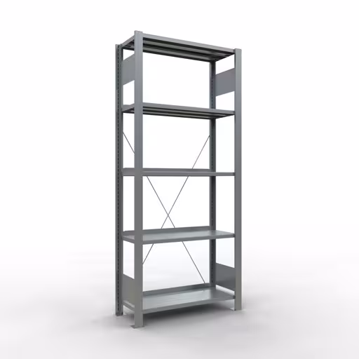 Grundregal, Büro-Fachbodenregal Stecksystem MULTIplus85, 1800 x 750 x 300 mm (HxBxT), 5 Fachböden, Kreuzstrebe, verzinkt, mit Anschlagleiste von der Marke Schulte Lagertechnik Grundregal, Büro-Fachbodenregal Stecksystem MULTIplus85, 1800 x 750 x 300 mm (HxBxT), 5 Fachböden, Kreuzstrebe, verzinkt, mit Anschlagleiste aus der Kategorie Stecksystem mit der Artikelnummer 17700