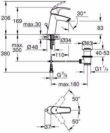 Technische Zeichnung 4049826 GROHE Einhand-Waschtischbatterie Eurosmart 23322_1 mittelhoch chrom