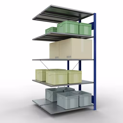 Andere Ansicht des Artikels Anbauregal, Doppelregal, Fachbodenregal Stecksystem MULTIplus150, 2000 x 1000 x (2x500) mm (HxBxT), 2x5 Fachböden, Kreuzstrebe, RAL 5010 enzianblau aus der Kategorie Fachbodenregale