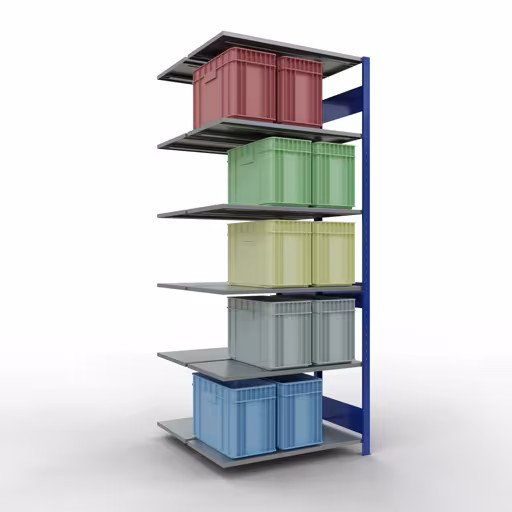 Produktbild Nr.6 des Artikels Anbauregal, Doppelregal, Fachbodenregal Stecksystem MULTIplus150, 2500 x 1000 x (2x500) mm (HxBxT), 2x6 Fachböden, Längenriegel, RAL 5010 enzianblau aus der Produktreihe Fachbodenregale von der Marke Schulte Lagertechnik