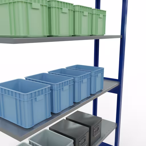 Produktbild Nr.15 des Artikels Anbauregal, Fachbodenregal Stecksystem MULTIplus150, 2500 x 1300 x 300 mm (HxBxT), 6 Fachböden, Längenriegel, RAL 5010 enzianblau/verzinkt aus der Produktreihe Stecksystem von der Marke Schulte Lagertechnik