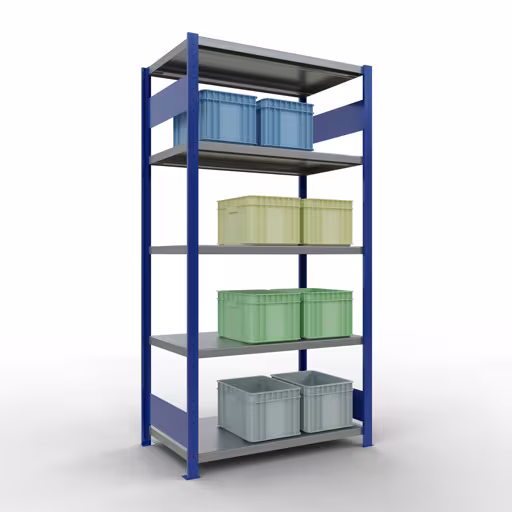 Abbildung Nr 10 des Artikels Grundregal, Fachbodenregal Stecksystem MULTIplus330, 2000 x 1000 x 600 mm (HxBxT), 5 Fachböden, Längenriegel, RAL 5010 enzianblau/verzinkt aus der Produktgruppe Stecksystem von der Marke Schulte Lagertechnik