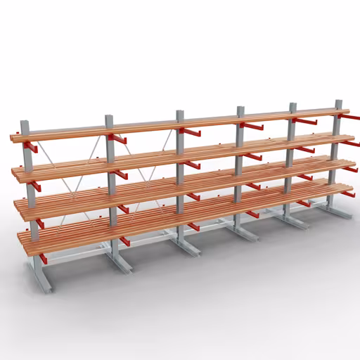 K 3000 Komplettregal, doppelseitig, 2500 x 6500 x 600 mm, RAL 7001 / RAL 3000, 5 Lagerebenen aus der Kategorie K3000 für mittelschwere Güter mit der GTIN 4058255001569 K 3000 Komplettregal, doppelseitig, 2500 x 6500 x 600 mm, RAL 7001 / RAL 3000, 5 Lagerebenen von der Marke Schulte Lagertechnik aus der Produktreihe Kragarmregale