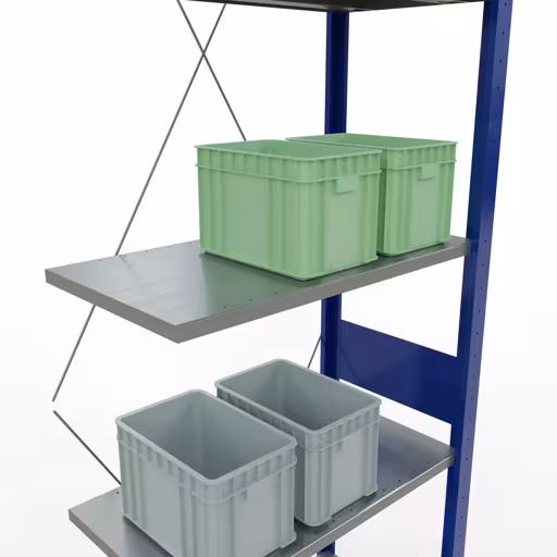 Anbauregal, Fachbodenregal Stecksystem MULTIplus150, 3000 x 750 x 400 mm (HxBxT), 7 Fachböden, Kreuzstrebe, RAL 5010 enzianblau/verzinkt/verzinkt von Schulte Lagertechnik mit der Artikelnr. 12747-75-B