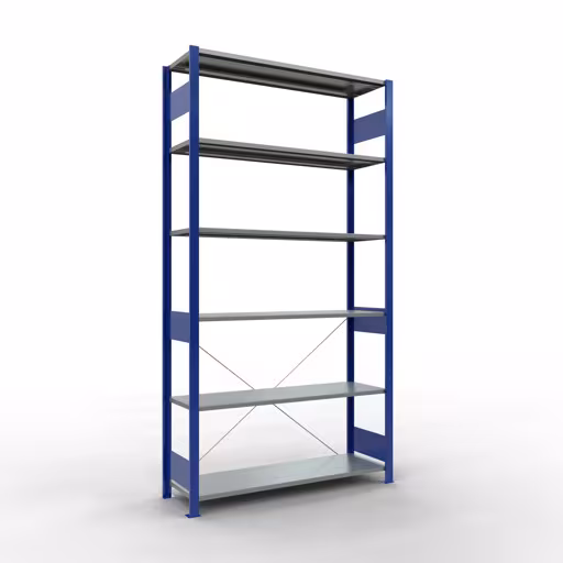 Grundregal, Fachbodenregal Stecksystem MULTIplus150, 2500 x 1300 x 400 mm (HxBxT), 6 Fachböden, Kreuzstrebe, RAL 5010 enzianblau/verzinkt aus der Kategorie Grundregal mit der Artikelnummer 12741-130-B