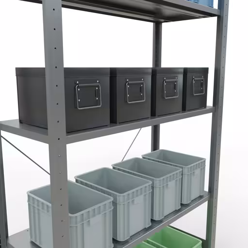 Grundregal, Fachbodenregal Stecksystem MULTIplus150, 2000 x 1000 x 400 mm (HxBxT), 5 Fachböden, Kreuzstrebe, verzinkt - Expressline mit der GTIN 4058255068593 Grundregal, Fachbodenregal Stecksystem MULTIplus150, 2000 x 1000 x 400 mm (HxBxT), 5 Fachböden, Kreuzstrebe, verzinkt - Expressline von Schulte Lagertechnik mit der Artikelnr. 12740-K