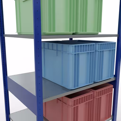 Zusatzbild des Artikels Grundregal, Fachbodenregal Stecksystem MULTIplus150, 2500 x 1000 x 800 mm (HxBxT), 6 Fachböden, Längenriegel, RAL 5010 enzianblau/verzinkt aus Grundregal