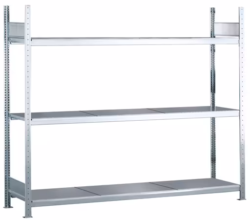 Grundregal, Weitspannregal WS 2000 mit Stahlböden, 2000 x 2250 x 800 mm (HxBxT), verzinkt, 3 Ebenen, Fachlast 400 kg, Feldlast 1.200 kg aus der Kategorie WS2000 für Fachlasten bis 400kg mit der Artikelnummer 15526