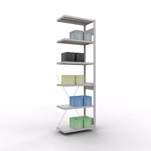 Anbauregal, Fachbodenregal Stecksystem MULTIplus250, 2500 x 750 x 400 mm (HxBxT), 6 Fachböden, Kreuzstrebe, RAL 7035 lichtgrau von Schulte Lagertechnik mit der Artikelnr. 32846-75