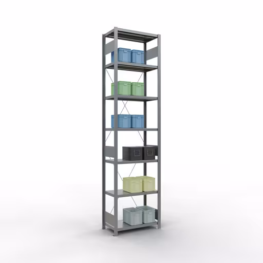 Produktbild Nr.14 des Artikels Grundregal, Fachbodenregal Stecksystem MULTIplus250, 3000 x 750 x 400 mm (HxBxT), 7 Fachböden, Kreuzstrebe, verzinkt aus der Produktreihe Stecksystem von der Marke Schulte Lagertechnik