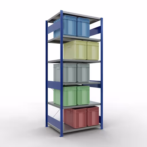 Zusatzbild des Artikels Grundregal, Fachbodenregal Stecksystem MULTIplus250, 2500 x 1000 x 800 mm (HxBxT), 6 Fachböden, Kreuzstrebe, RAL 5010 enzianblau/verzinkt aus Grundregal