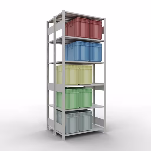 Produktbild Nr.14 des Artikels Grundregal, Doppelregal, Fachbodenregal Stecksystem MULTIplus150, 2500 x 1000 x (2x400) mm (HxBxT), 2x6 Fachböden, Längenriegel, RAL 7035 lichtgrau aus der Produktreihe Fachbodenregale von der Marke Schulte Lagertechnik