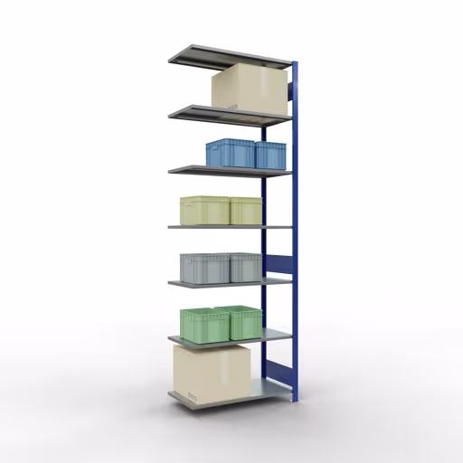Andere Ansicht des Artikels Anbauregal, Fachbodenregal Stecksystem MULTIplus150, 3000 x 1000 x 500 mm (HxBxT), 7 Fachböden, Längenriegel, RAL 5010 enzianblau/verzinkt aus der Kategorie Anbauregal
