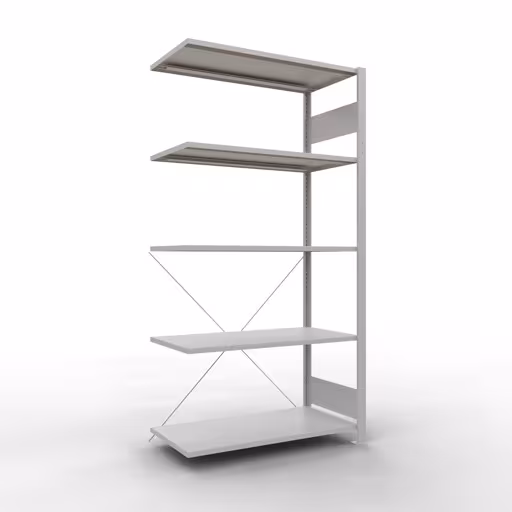 Anbauregal, Fachbodenregal Stecksystem MULTIplus85, 2000 x 1000 x 500 mm (HxBxT), 5 Fachböden, Kreuzstrebe, RAL 7035 lichtgrau aus der Kategorie Anbauregal mit der Artikelnummer 33055
