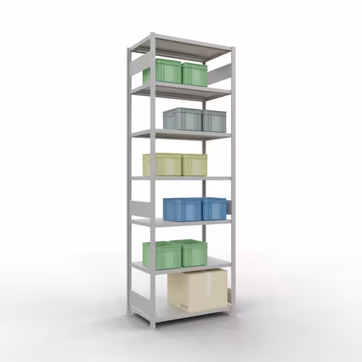 Abbildung Nr 10 des Artikels Grundregal, Fachbodenregal Stecksystem MULTIplus330, 3000 x 1000 x 600 mm (HxBxT), 7 Fachböden, Längenriegel, RAL 7035 lichtgrau aus der Produktgruppe Stecksystem von der Marke Schulte Lagertechnik