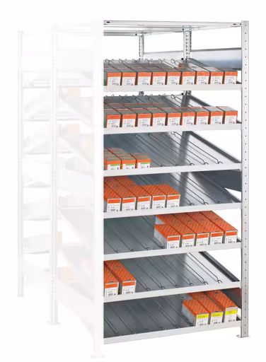 Anbauregal, Doppel-Kanbanregal MULTIplus150, 2000 x 1300 x 2x600 mm (HxBxT), verzinkt, 2x(7+1) Fachböden, mit Trenn- und Seitenführungen aus der Kategorie Kanbanregale mit der Artikelnummer 21765-130