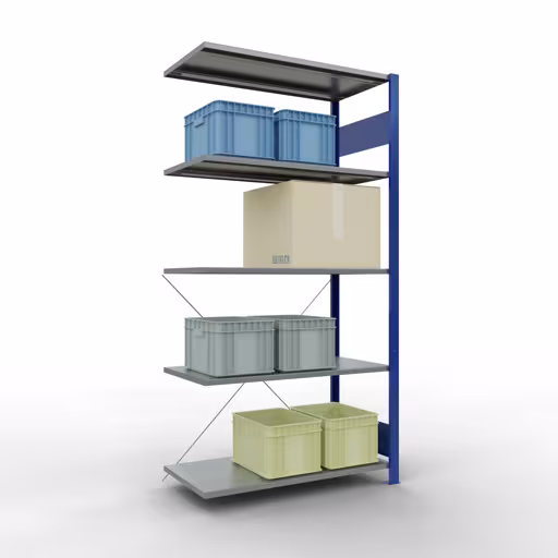 Anbauregal, Fachbodenregal Stecksystem MULTIplus150, 2000 x 1000 x 500 mm (HxBxT), 5 Fachböden, Kreuzstrebe, RAL 5010/verzinkt von der Marke Schulte Lagertechnik aus der Produktreihe Stecksystem