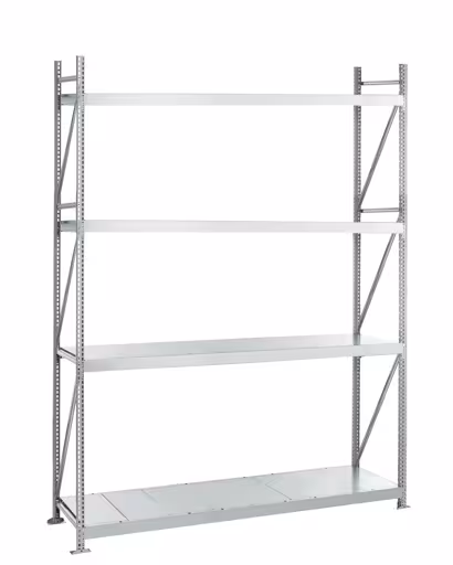 Grundregal, Weitspannregal WS 3000 mit Stahlpaneelen, 2500 x 2500 x 800 mm, verzinkt, 4 Ebenen, Fachlast 500 kg, Feldlast 2.000 kg von der Marke Schulte Lagertechnik aus der Produktreihe Weitspannregale