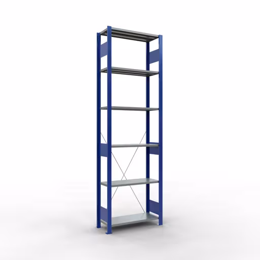 Grundregal, Fachbodenregal Stecksystem MULTIplus150, 2500 x 750 x 300 mm (HxBxT), 6 Fachböden, Kreuzstrebe, RAL 5010 enzianblau/verzinkt/verzinkt aus der Kategorie Grundregal mit der Artikelnummer 12731-75-B