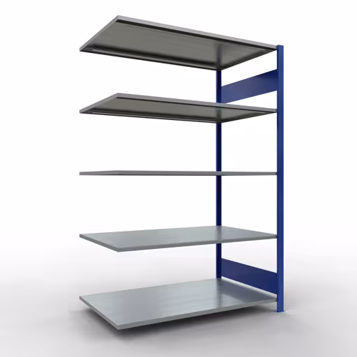 Anbauregal, Fachbodenregal Stecksystem MULTIplus150, 2000 x 1300 x 800 mm (HxBxT), 5 Fachböden, Längenriegel, RAL 5010 enzianblau/verzinkt aus der Kategorie Anbauregal mit der Artikelnummer 12785-130-LR-B