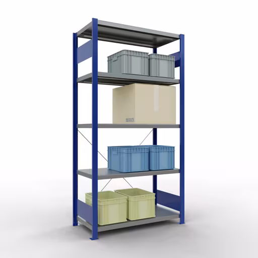 Produktbild Nr 13 des Artikels Grundregal, Fachbodenregal Stecksystem MULTIplus330, 2000 x 1000 x 500 mm (HxBxT), 5 Fachböden, Kreuzstrebe, RAL 5010 enzianblau/verzinkt Abbildung Nr 13 des Artikels Grundregal, Fachbodenregal Stecksystem MULTIplus330, 2000 x 1000 x 500 mm (HxBxT), 5 Fachböden, Kreuzstrebe, RAL 5010 enzianblau/verzinkt aus der Produktgruppe Stecksystem von der Marke Schulte Lagertechnik