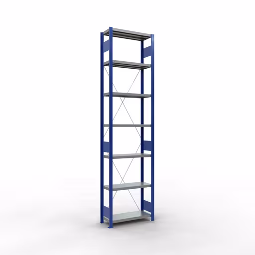 Grundregal, Fachbodenregal Stecksystem MULTIplus250, 3000 x 750 x 300 mm (HxBxT), 7 Fachböden, Kreuzstrebe, RAL 5010 enzianblau/verzinkt/verzinkt aus der Kategorie Grundregal mit der Artikelnummer 12932-75-B