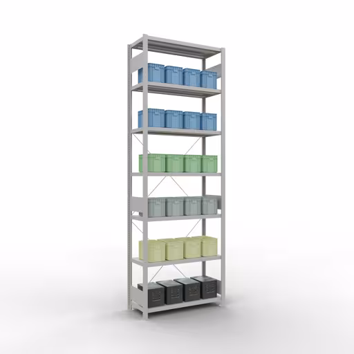 Grundregal, Fachbodenregal Stecksystem MULTIplus330, 3000 x 1000 x 400 mm (HxBxT), 7 Fachböden, Kreuzstrebe, RAL 7035 lichtgrau von Schulte Lagertechnik mit der Artikelnr. 33842
