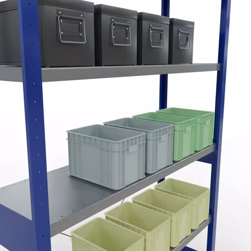 Abbildung Nr 8 des Artikels Grundregal, Fachbodenregal Stecksystem MULTIplus250, 2500 x 1300 x 400 mm (HxBxT), 6 Fachböden, Kreuzstrebe, RAL 5010 enzianblau/verzinkt aus der Produktgruppe Stecksystem von der Marke Schulte Lagertechnik
